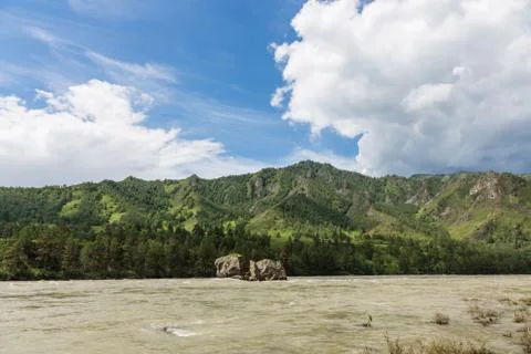 Great spring water on the Katun River and its surrounding mountains, Altai, R Stock Photos