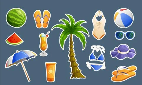 Great summer set. Summer items, food, clothing. Stickers. Stock Illustration