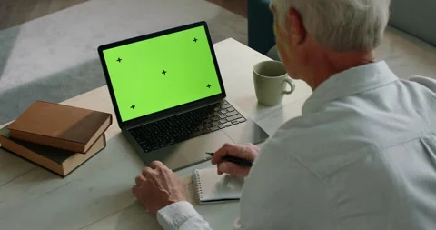 Great template for inserting your video or image. Old elderly man at laptop Stock Footage 243365281