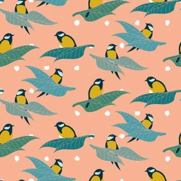 Great tit birds seamless vector pattern Stock Illustration