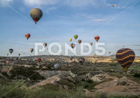 The great tourist attraction of Cappadocia - balloon flight. Cappadocia is known Stock Photos