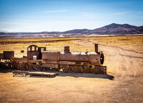 Great train graveyard, Uyuni, Bolivia Stock Photos