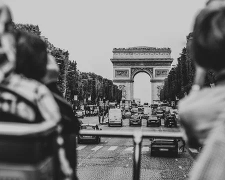 Great view from city tour bus driving through Champs Elysee Avenue on a Stock Photos