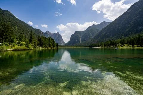 Great view to the lake Tobbiaco with reflections Stock Photos