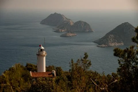 Great view of Lighthouse at Turkey facing to sea and three islands on Lycian Way 스톡 사진