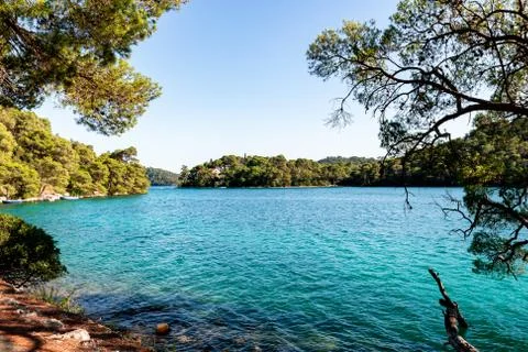 A great view to a small isle at mljet framed with trees Stock Photos