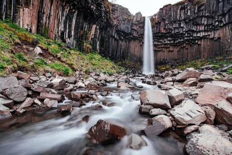 Great view of Svartifoss waterfall. Dramatic and picturesque scene. Popular.. Stock Photos