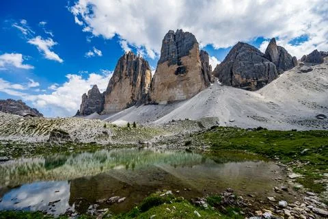 Great view to the three peaks with reflections Stock Photos