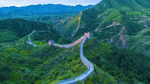 The great wall of China fortification on mountain in aerial view Stockbeeldmateriaal 343755133