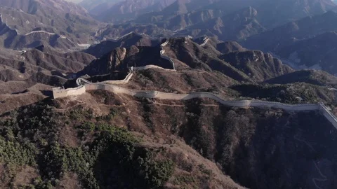 Great Wall of China, impressive long construction run on mountains, aerial shot Stock Footage 106094800