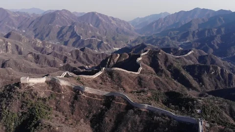 Great Wall of China lying on tops of mountains, scenic aerial view of Badaling Stock Footage 106089337