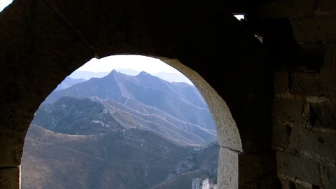 The Great Wall of China seen from inside of a stone frame Stock Footage 88374595