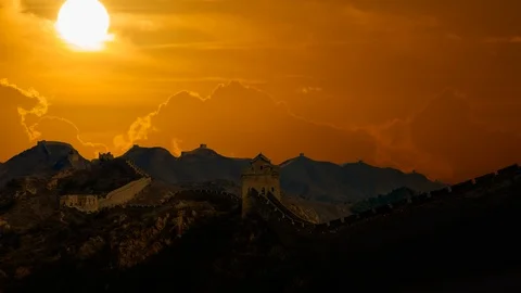 The Great Wall of China at Sunset, Ancient Fortification in Historical Borders Stock Footage 108766492