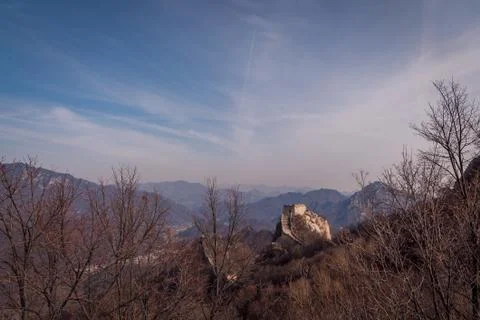The Great Wall tower built upon a rocky cliff in china Stock Photos