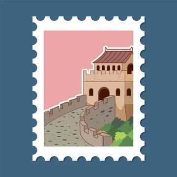 Great Wall Vector Illustration on Postage Stamp Stock Illustration