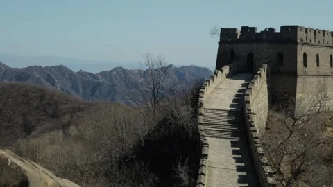 Great Wall Watchtower and Stone Steps Overlooking Mountains at Mutianyu Stock Footage 345827671