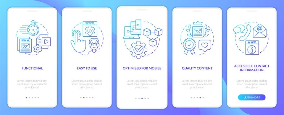 Great website features blue gradient onboarding mobile app screen Stock Illustration