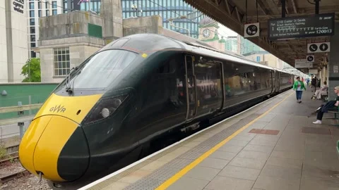 Great Western Railway Class 800 high speed train leaving Cardiff Central station Stock Footage 337318027