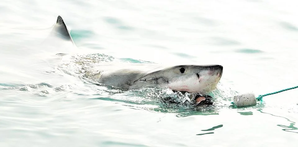 Great White Shark chasing a meat lure and breaching sea surface. Stock Photos