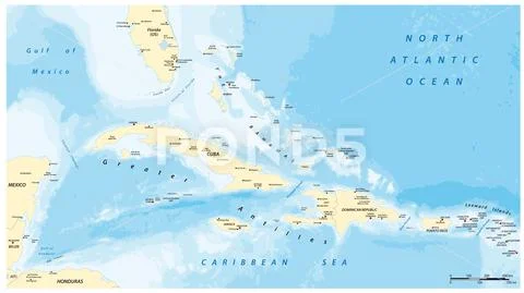 Greater Antilles political vector map with English labeling: Graphic ...