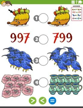 Greater less or equal math cartoon worksheet for children Cartoon illustra... Stock Photos