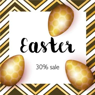 Greating Easter greeting card, realistic gold easter eggs on bright backgro.. Stock Illustration