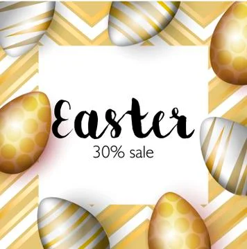 Greating Easter greeting card, realistic gold easter eggs on bright backgro.. Stock Illustration