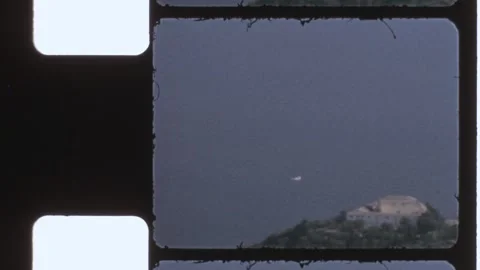 Greece 1960s, unidentified flying object over hilltop fortress Corfu Stock Footage 340171693