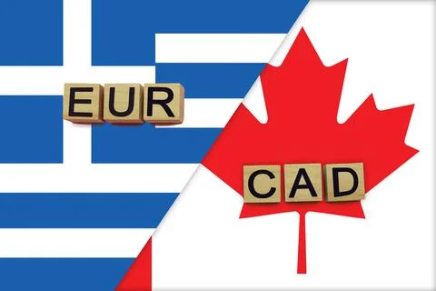 Greece and Canada currencies codes on national flags background Stock Illustration
