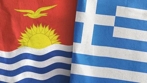 Greece and Kiribati two flags textile cloth 3D rendering Stock Illustration