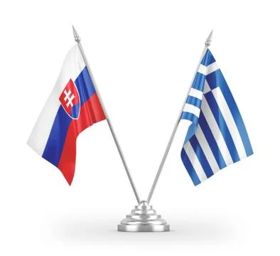 Greece and Slovakia table flags isolated on white 3D rendering Illustrazione stock