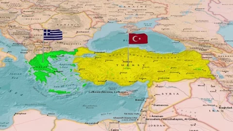 Greece And Turkey Flags Map Aegean Sea Region Animation Stock Footage 344682977