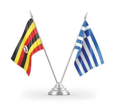 Greece and Uganda table flags isolated on white 3D rendering Stock Illustration
