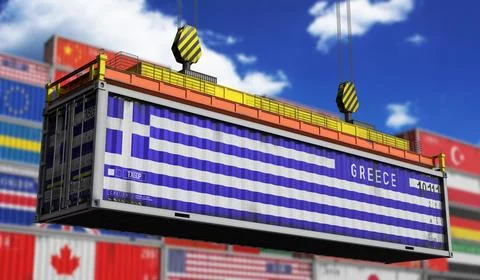 Greece - cargo container lifted by crane in terminal - international trade .. Stock Illustration