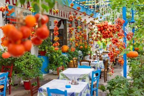 GREECE, CRETE, AUGUST 2018: Interior of one of the roadside cafe in Crete. To Stock Photos