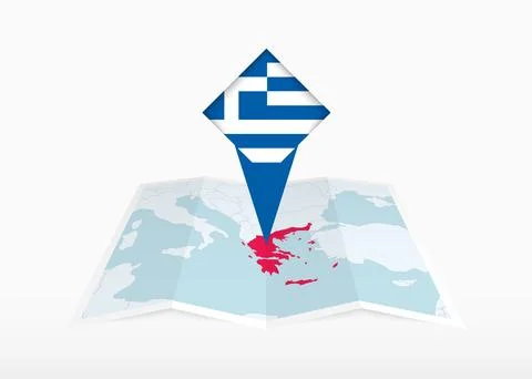 Greece is depicted on a folded paper map and pinned location marker with fl.. Stock Illustration