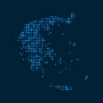 Greece dotted glowing map. Shape of the country with blue bright bulbs. Vec.. Illustrazione stock