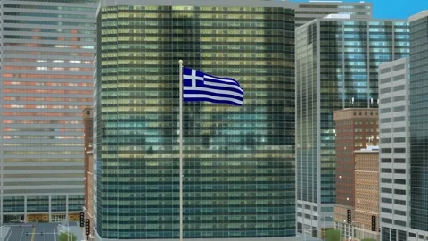 Greece Flag 3D Render Animation on Pole with Modern Business District Buildi Video stock 332877677