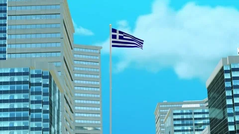 Greece Flag 3D Render Animation with Urban Architecture and Clear Blue Sky Stock-Footage 332945332