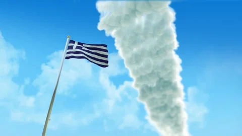 Greece Flag 3D Render Animation on Pole with Fighter Jets Smoke Trails in Bl Stockbeeldmateriaal 333238478
