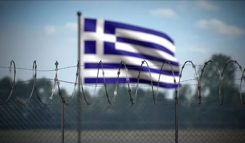 Greece - Flag and Barbed Wire Fence - 3D illustration Stock Illustration