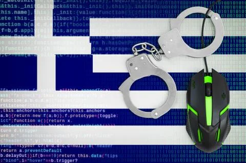 Greece flag  and handcuffed computer mouse. Combating computer crime, hackers Stock-Fotos