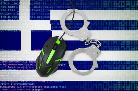 Greece flag  and handcuffed computer mouse. Combating computer crime, hackers Stock-Fotos