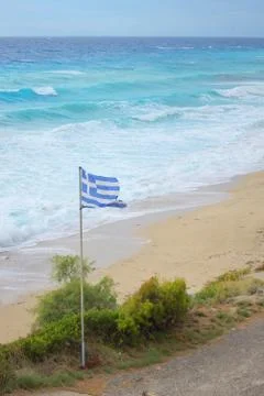 Greece flag on beach Stock Photos