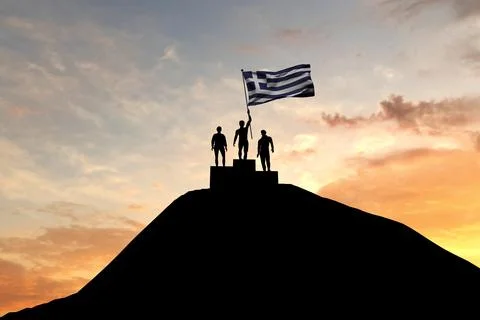 Greece flag being waved on top of a winners podium. 3D Rendering Stock Illustration