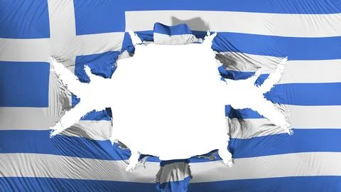 Greece flag with a big hole, white background, 3d rendering Stock Illustration