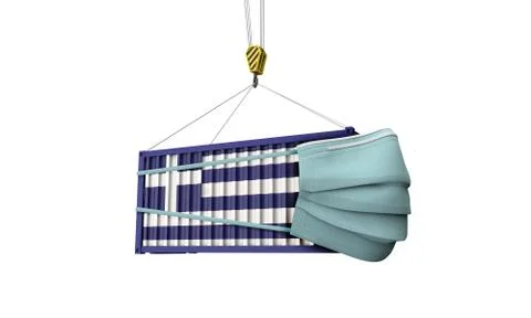 Greece flag cargo shipping container with protective mask. 3D Render Illustrazione stock