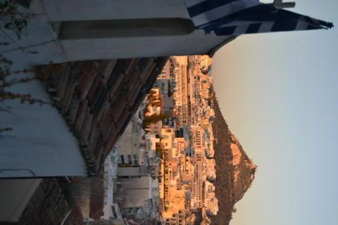 GREECE flag church  with Athens view Stock Photos