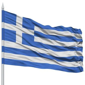 Greece Flag on Flagpole, Flying in the Wind, Isolated on White Background Stock Illustration