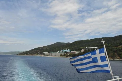 Greece flag on the flagpole 스톡 사진